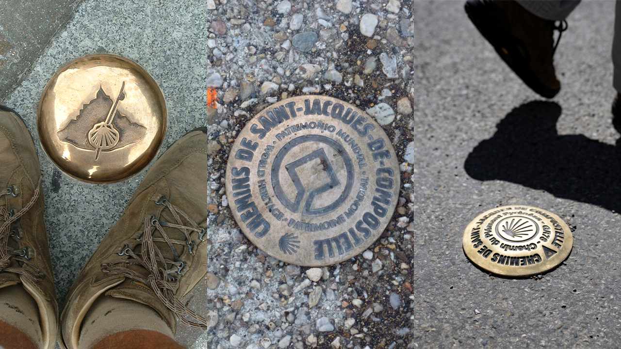 De gauche à droite: un clou personnalisé à Vitré, le clou Patrimoine mondial et le clou ICE