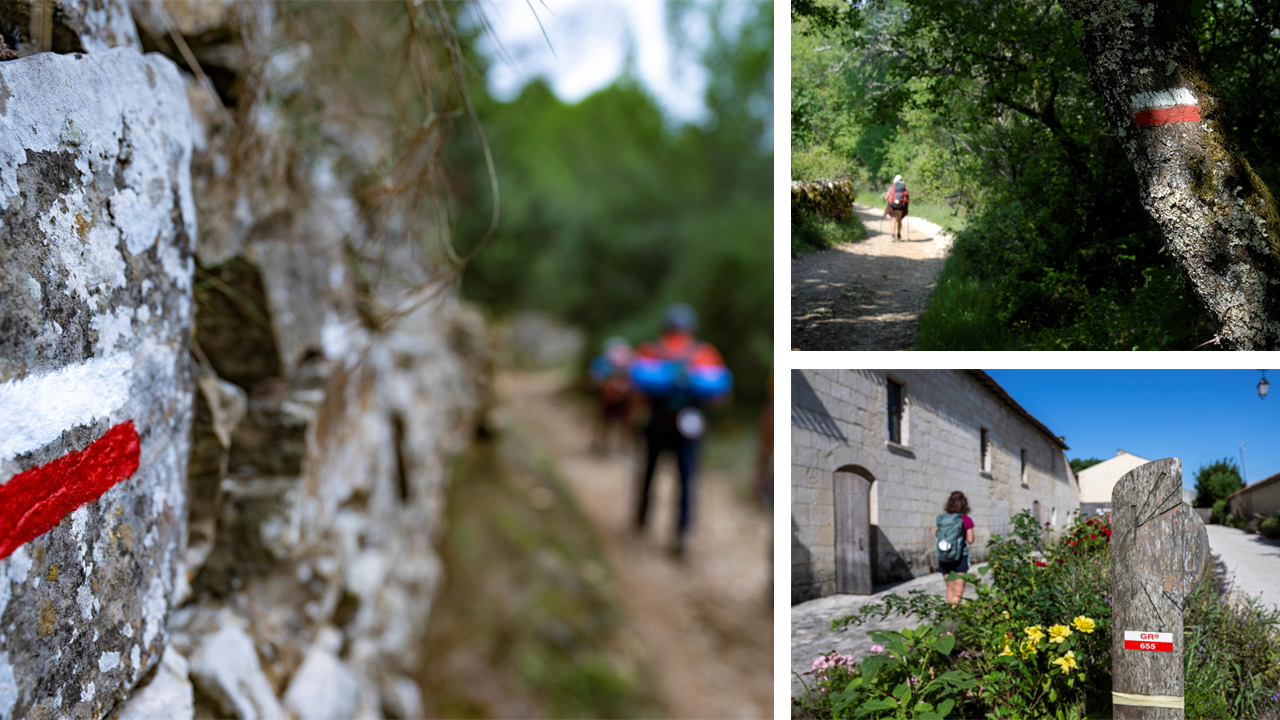 Exemples de balisage GR le long des voies du Piémont Pyrénéen, du Puy et d'Arles (de gauche à droite et de haut en bas)