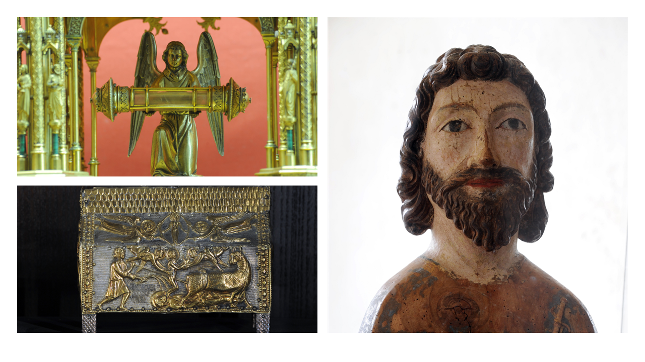 De gauche à droite et du haut vers le bas: Reliquaires à Neuvy Saint-Sépulchre, Toulouse et Asquins ©AFCC JJGelbart